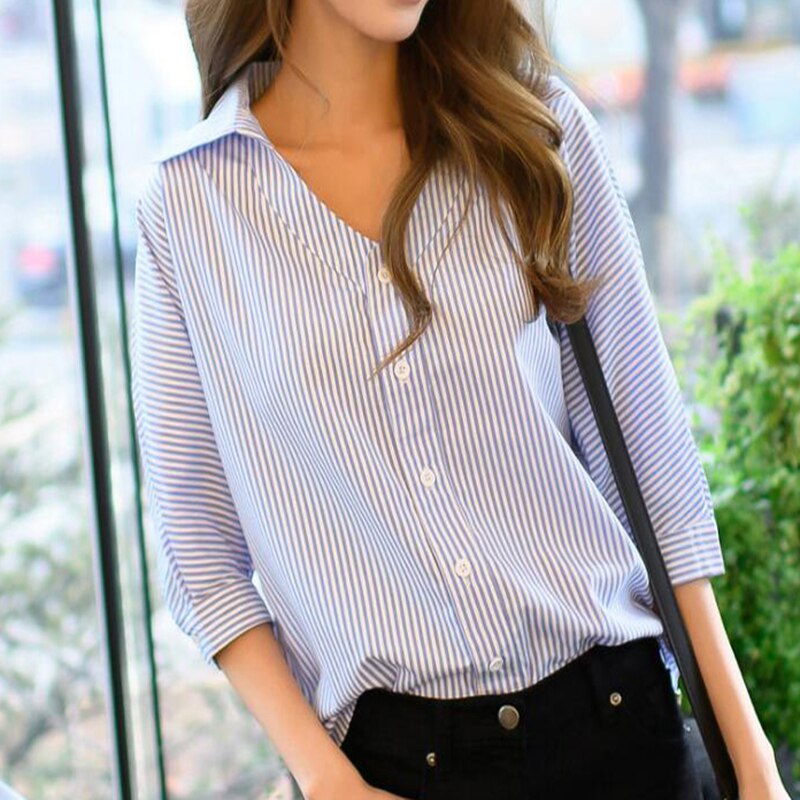 Women's Casual Blue Striped Summer Blouse V-Neck Seven Sleeve Buttons Blouse 2019 New Fashion Women Loose Tops Blusas Vestidos