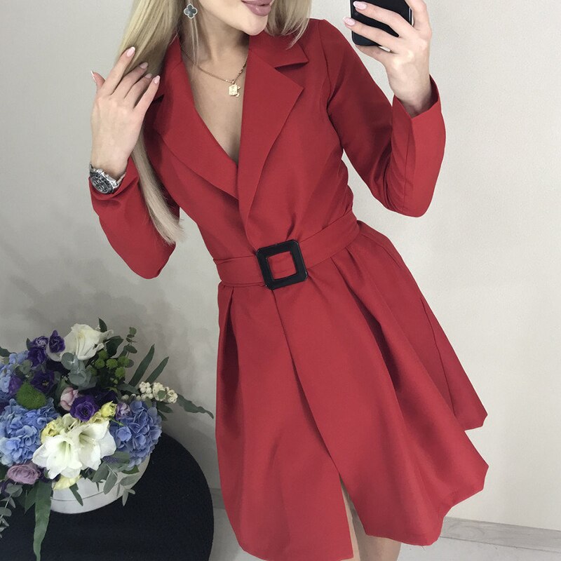 Women's Casual Sashes A Line Mini Dress Office Ladies Turn Down Collar OL Solid Dress 2019 Autumn Winter New Fashion Women Dress