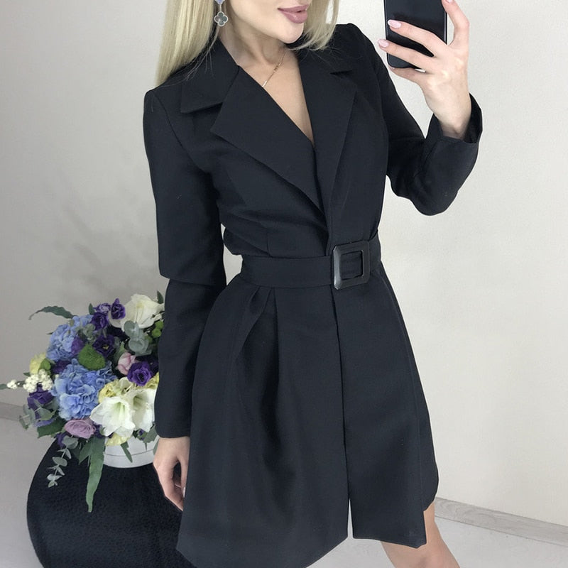 Women Casual Sashes A-Line Mini Dress Office Ladies Turn Down Collar OL Solid Dress 2019 Autumn Winter New Fashion Women Dress