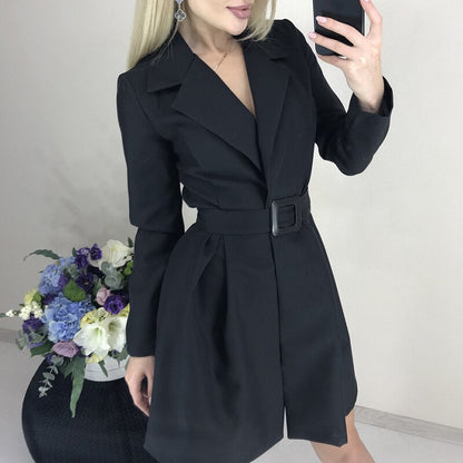 Women Casual Sashes A-Line Mini Dress Office Ladies Turn Down Collar OL Solid Dress 2019 Autumn Winter New Fashion Women Dress