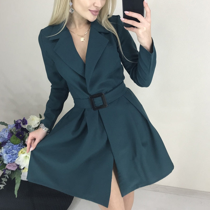 Women Casual Sashes A-Line Mini Dress Office Ladies Turn Down Collar OL Solid Dress 2019 Autumn Winter New Fashion Women Dress