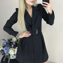 将图片加载到图库查看器，Women Casual Sashes A-Line Mini Dress Office Ladies Turn Down Collar OL Solid Dress 2019 Autumn Winter New Fashion Women Dress
