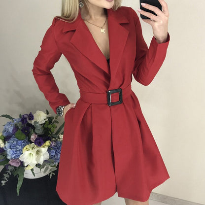 Women Casual Sashes A-Line Mini Dress Office Ladies Turn Down Collar OL Solid Dress 2019 Autumn Winter New Fashion Women Dress