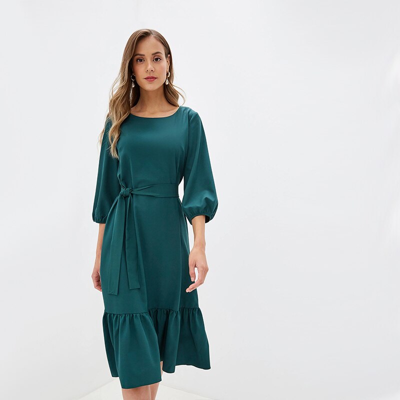 Women Casual Sashes Ruffled Dress O Neck Lantern Sleeve A Line Party Dress 2019 Autumn Solid Knee-Length Elegant Women Dresses
