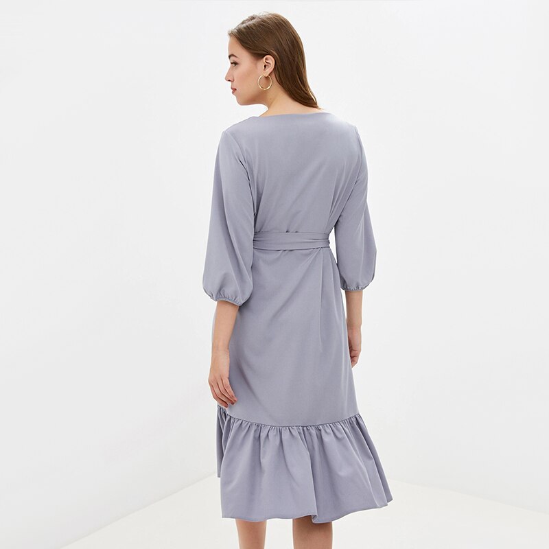 Women Casual Sashes Ruffled Dress O Neck Lantern Sleeve A Line Party Dress 2019 Autumn Solid Knee-Length Elegant Women Dresses