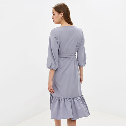 Women Casual Sashes Ruffled Dress O Neck Lantern Sleeve A Line Party Dress 2019 Autumn Solid Knee-Length Elegant Women Dresses