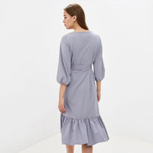 Load image into Gallery viewer, Women Casual Sashes Ruffled Dress O Neck Lantern Sleeve A Line Party Dress 2019 Autumn Solid Knee-Length Elegant Women Dresses
