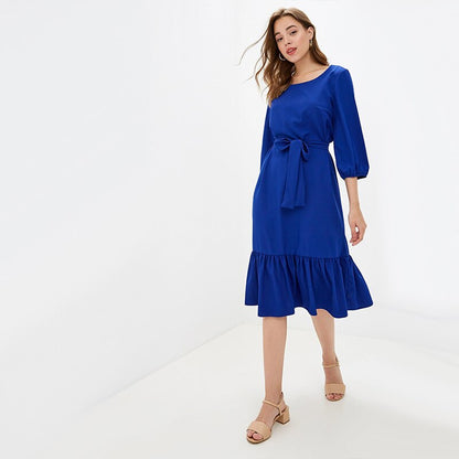 Women Casual Sashes Ruffled Dress O Neck Lantern Sleeve A Line Party Dress 2019 Autumn Solid Knee-Length Elegant Women Dresses