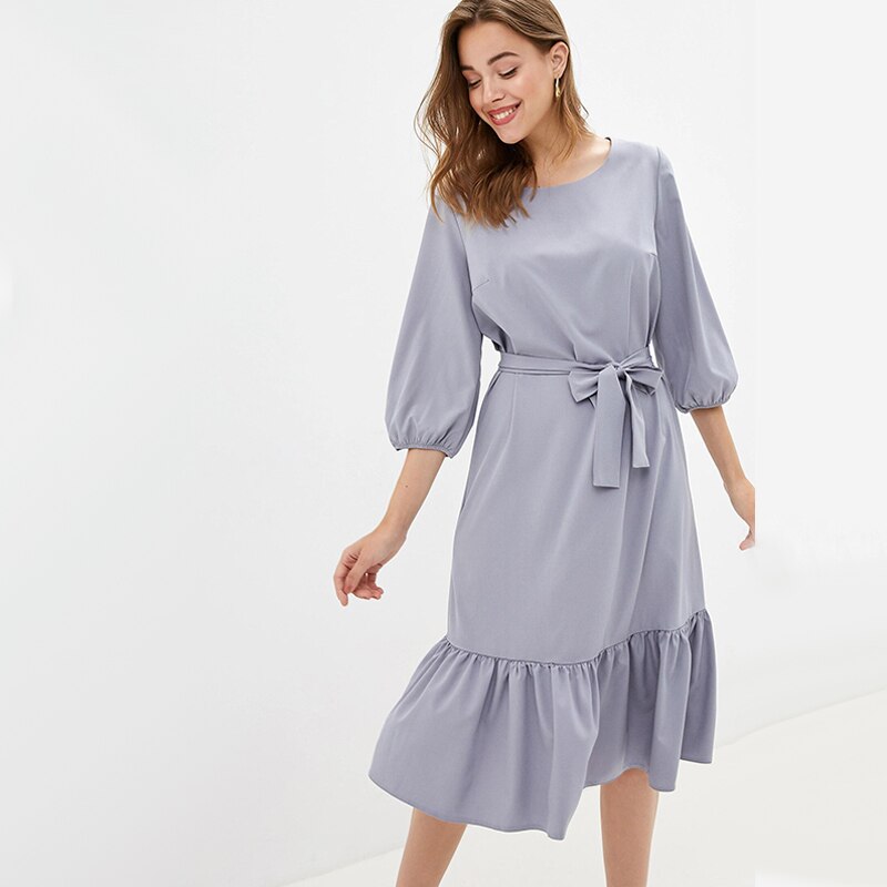 Women Casual Sashes Ruffled Dress O Neck Lantern Sleeve A Line Party Dress 2019 Autumn Solid Knee-Length Elegant Women Dresses