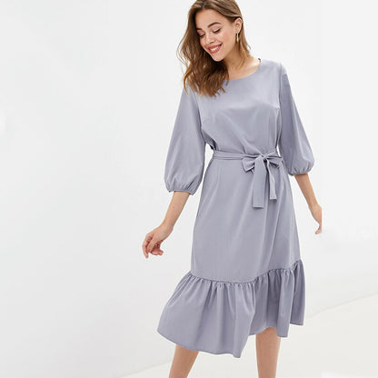 Women Casual Sashes Ruffled Dress O Neck Lantern Sleeve A Line Party Dress 2019 Autumn Solid Knee-Length Elegant Women Dresses
