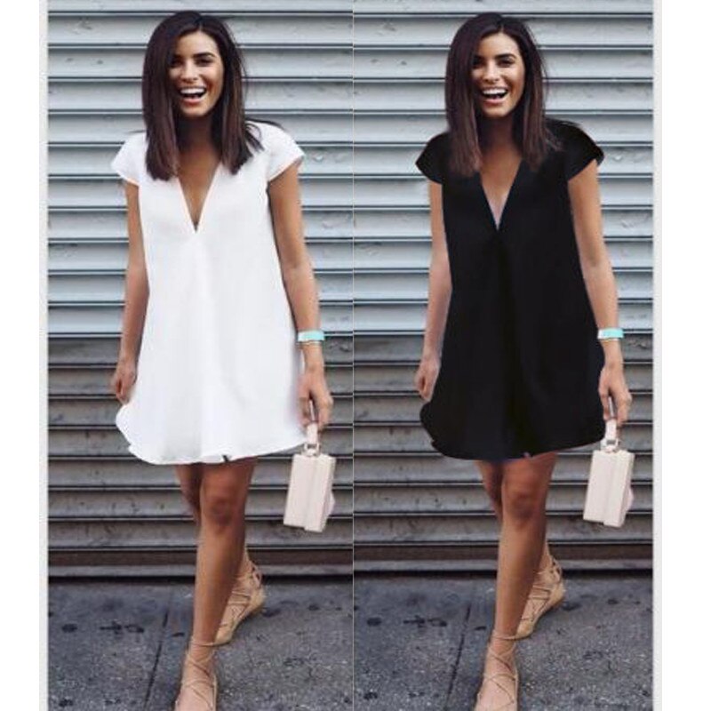 Women's Casual Short Sleeve V Neck Mini Dress 2019 Summer Lady Evening Dress Night Wear Loose Short Dresses