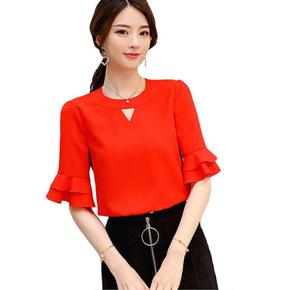 Women's Chiffon Blouse Spring Summer Shirt Fashion Ruffles Short Sleeve White Shirts Women Blouses Elegant Office Blusas Mujer Top