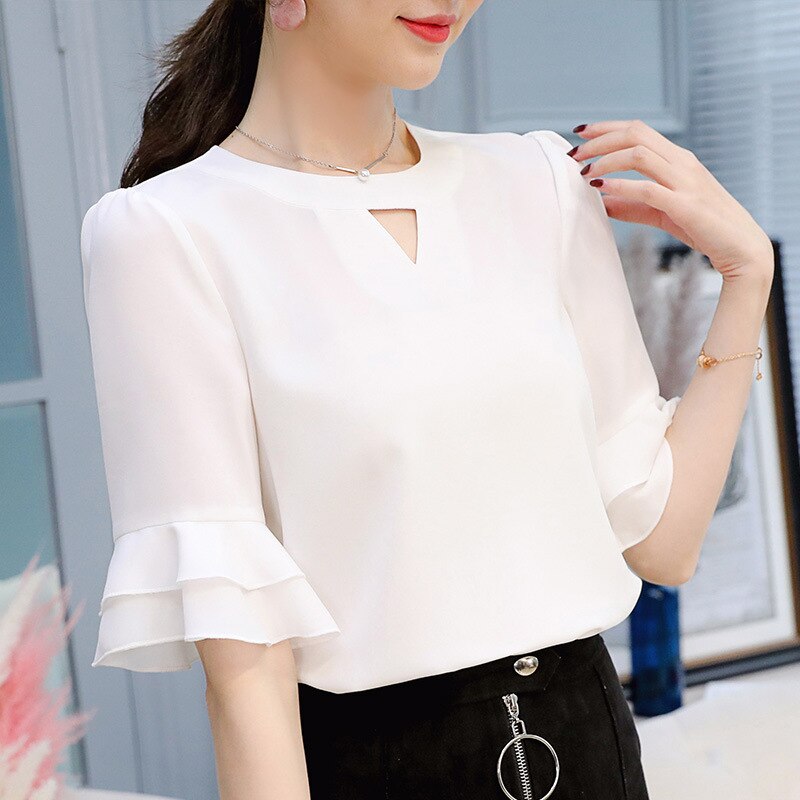 Women's Chiffon Blouse Spring Summer Shirt Fashion Ruffles Short Sleeve White Shirts Women Blouses Elegant Office Blusas Mujer Top