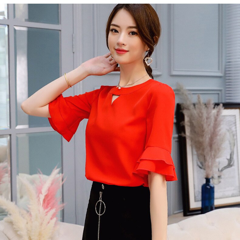 Women's Chiffon Blouse Spring Summer Shirt Fashion Ruffles Short Sleeve White Shirts Women Blouses Elegant Office Blusas Mujer Top