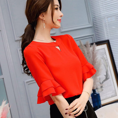 Women's Chiffon Blouse Spring Summer Shirt Fashion Ruffles Short Sleeve White Shirts Women Blouses Elegant Office Blusas Mujer Top