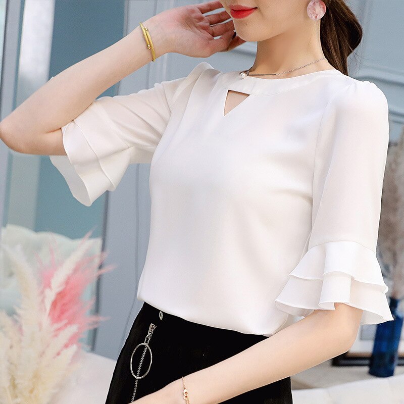 Women's Chiffon Blouse Spring Summer Shirt Fashion Ruffles Short Sleeve White Shirts Women Blouses Elegant Office Blusas Mujer Top