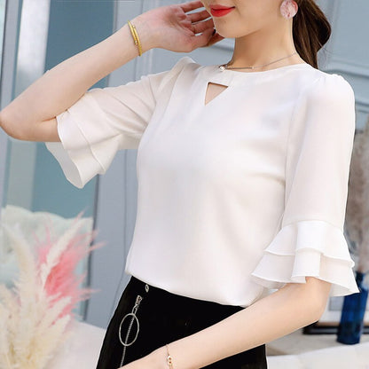 Women's Chiffon Blouse Spring Summer Shirt Fashion Ruffles Short Sleeve White Shirts Women Blouses Elegant Office Blusas Mujer Top