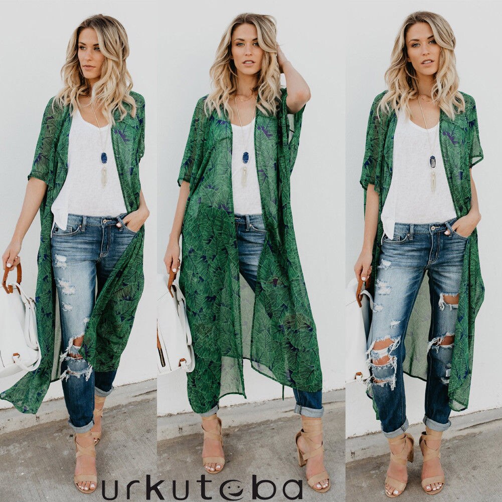 Women's Chiffon Kimono Long Sleeves Beach Cardigan Dress Ladies Loose Leaf Pattern Tie Wrap Beachwear Long Dress