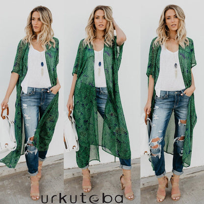 Women's Chiffon Kimono Long Sleeves Beach Cardigan Dress Ladies Loose Leaf Pattern Tie Wrap Beachwear Long Dress