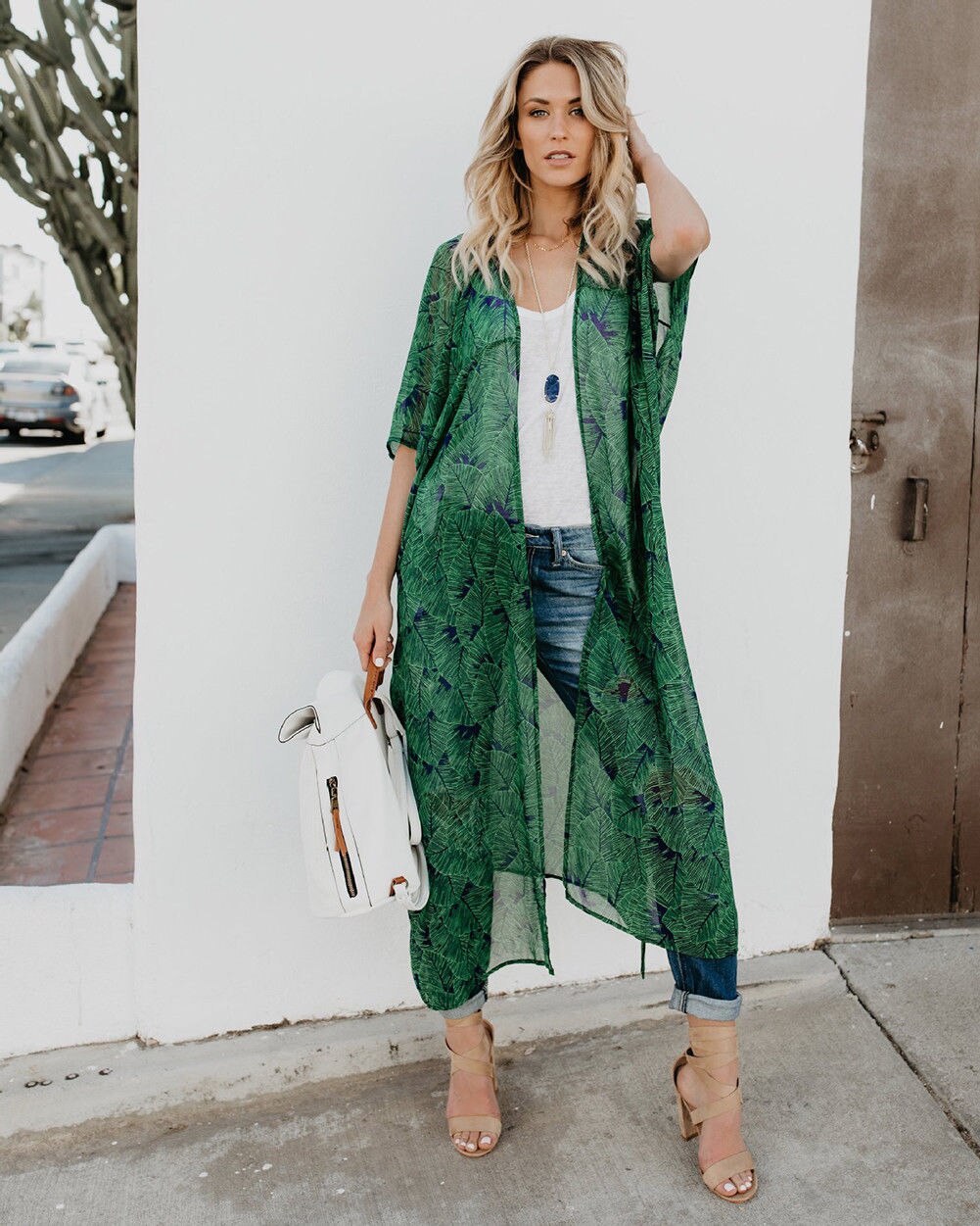 Women's Chiffon Kimono Long Sleeves Beach Cardigan Dress Ladies Loose Leaf Pattern Tie Wrap Beachwear Long Dress
