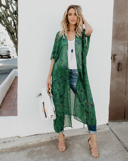 Women's Chiffon Kimono Long Sleeves Beach Cardigan Dress Ladies Loose Leaf Pattern Tie Wrap Beachwear Long Dress