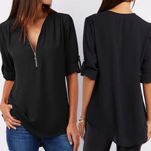 将图片加载到图库查看器，Women Chiffon V-Neck Blouse Summer Autumn Casual Half Sleeve Solid Tops Loose Zipper Bluses Shirts Plus Size
