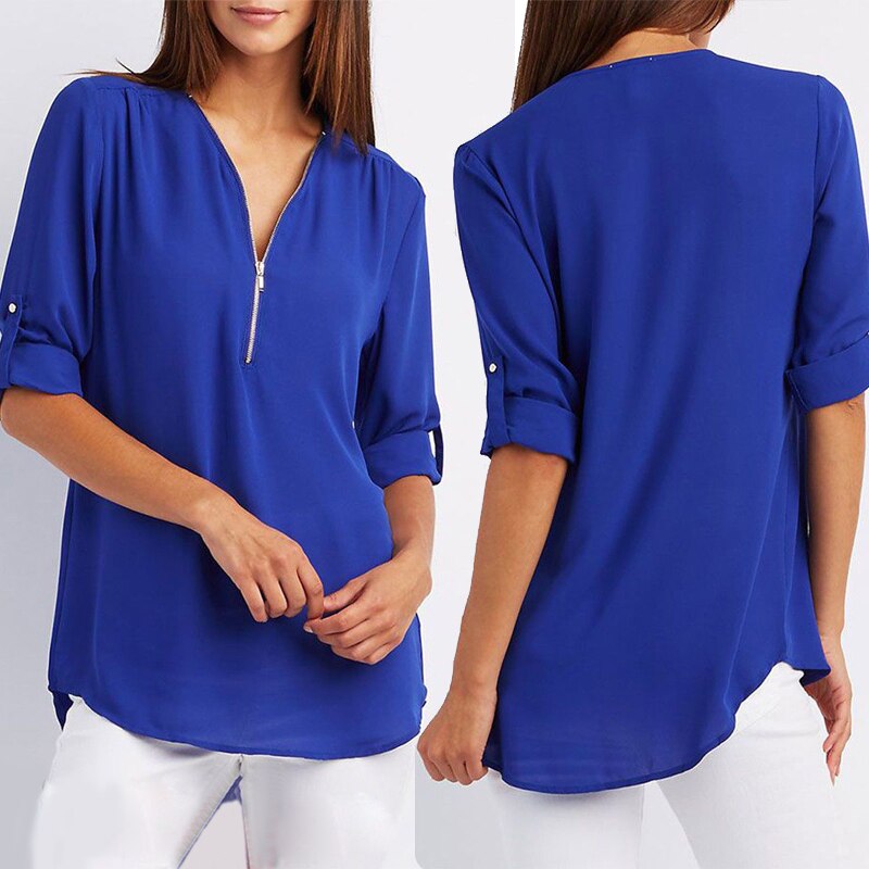 Women Chiffon V-Neck Blouse Summer Autumn Casual Half Sleeve Solid Tops Loose Zipper Bluses Shirts Plus Size