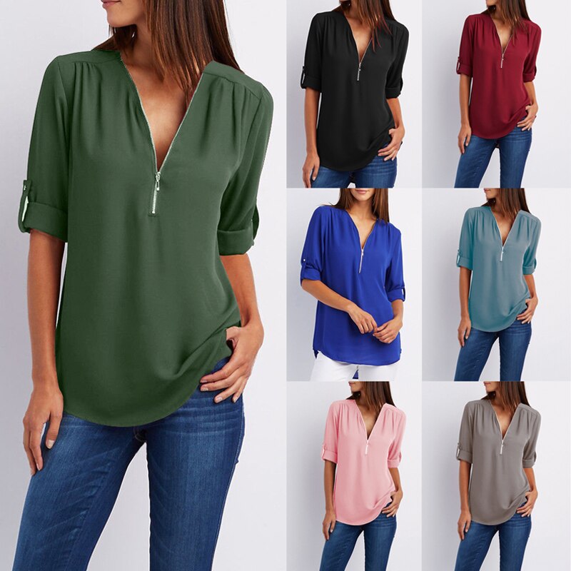 Women Chiffon V-Neck Blouse Summer Autumn Casual Half Sleeve Solid Tops Loose Zipper Bluses Shirts Plus Size