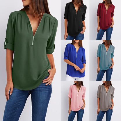 Women Chiffon V-Neck Blouse Summer Autumn Casual Half Sleeve Solid Tops Loose Zipper Bluses Shirts Plus Size