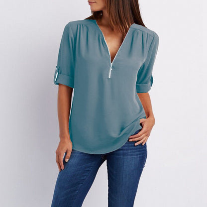 Women Chiffon V-Neck Blouse Summer Autumn Casual Half Sleeve Solid Tops Loose Zipper Bluses Shirts Plus Size