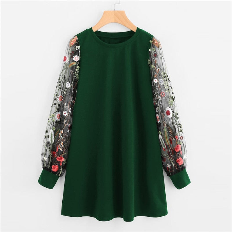Women Dress 2019 Fashion Flower Embroidered Mesh O Neck Long Sleeve Straight Dress Spring Autumn Pullover Sweatshirt Mini Dress