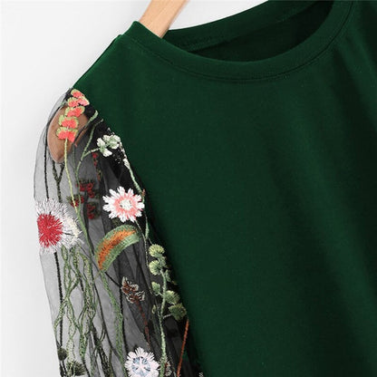 Women Dress 2019 Fashion Flower Embroidered Mesh O Neck Long Sleeve Straight Dress Spring Autumn Pullover Sweatshirt Mini Dress