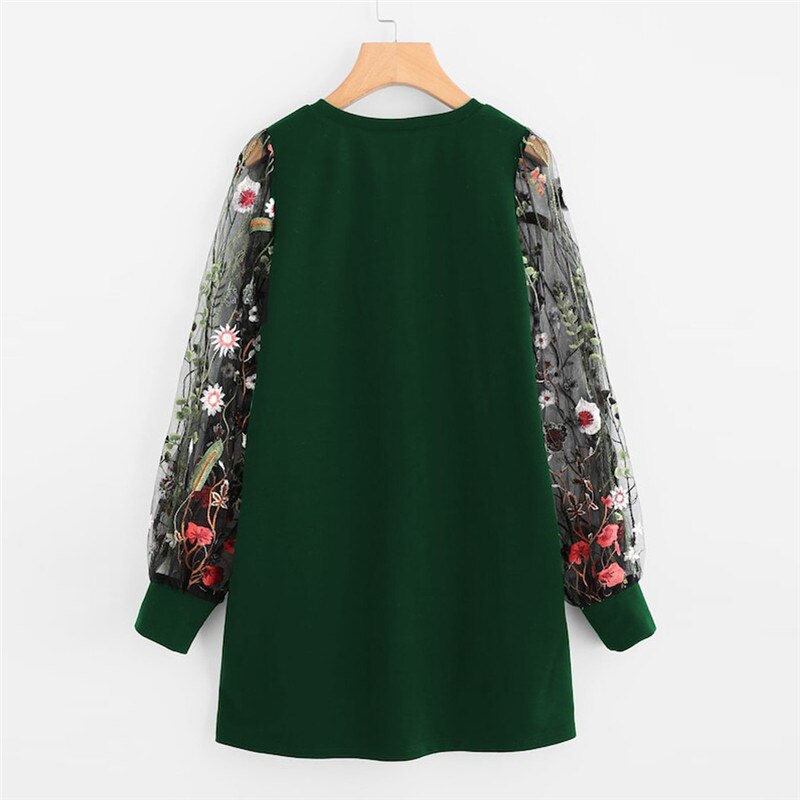 Women Dress 2019 Fashion Flower Embroidered Mesh O Neck Long Sleeve Straight Dress Spring Autumn Pullover Sweatshirt Mini Dress