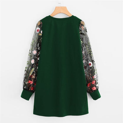 Women Dress 2019 Fashion Flower Embroidered Mesh O Neck Long Sleeve Straight Dress Spring Autumn Pullover Sweatshirt Mini Dress
