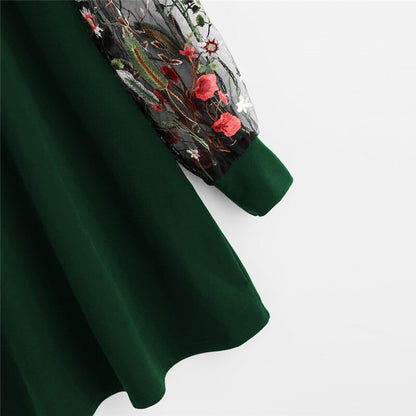 Women Dress 2019 Fashion Flower Embroidered Mesh O Neck Long Sleeve Straight Dress Spring Autumn Pullover Sweatshirt Mini Dress
