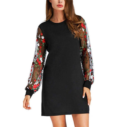 Women Dress 2019 Fashion Flower Embroidered Mesh O Neck Long Sleeve Straight Dress Spring Autumn Pullover Sweatshirt Mini Dress