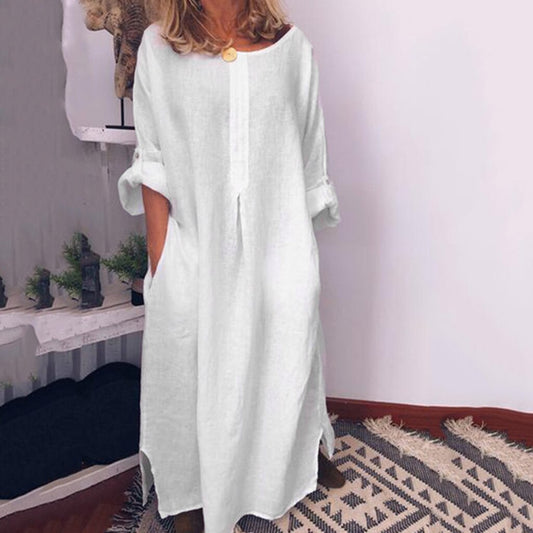 Women's Bohomenian Style Long Sleeve O-Neck Casual Dress Summer Beach Cotton Maxi Dress With Pockets Loose Elegant Ropa Mujer