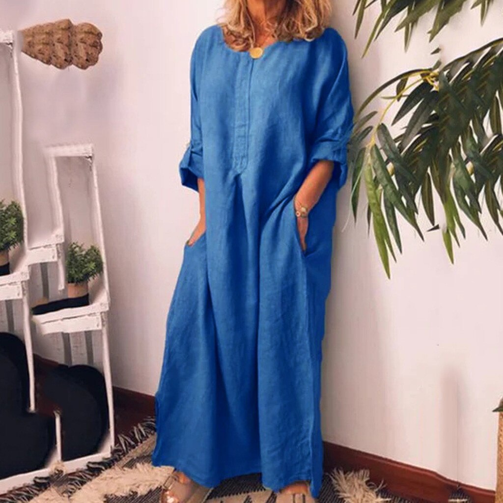 Women's Bohomenian Style Long Sleeve O-Neck Casual Dress Summer Beach Cotton Maxi Dress With Pockets Loose Elegant Ropa Mujer