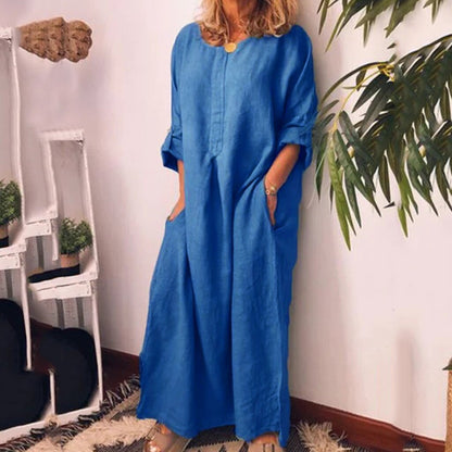 Women's Bohomenian Style Long Sleeve O-Neck Casual Dress Summer Beach Cotton Maxi Dress With Pockets Loose Elegant Ropa Mujer