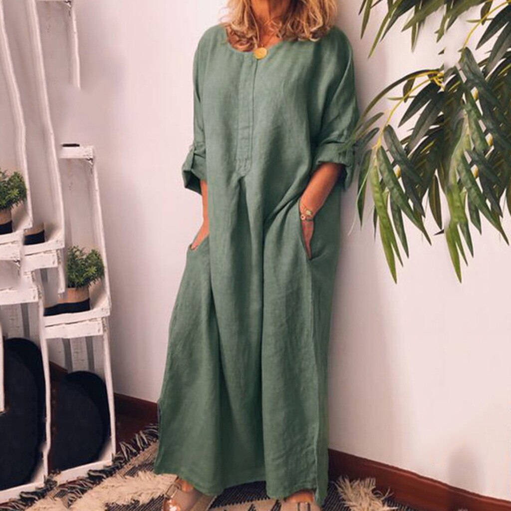 Women's Bohomenian Style Long Sleeve O-Neck Casual Dress Summer Beach Cotton Maxi Dress With Pockets Loose Elegant Ropa Mujer