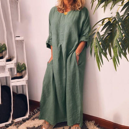 Women's Bohomenian Style Long Sleeve O-Neck Casual Dress Summer Beach Cotton Maxi Dress With Pockets Loose Elegant Ropa Mujer