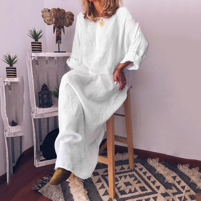 Women's Bohomenian Style Long Sleeve O-Neck Casual Dress Summer Beach Cotton Maxi Dress With Pockets Loose Elegant Ropa Mujer