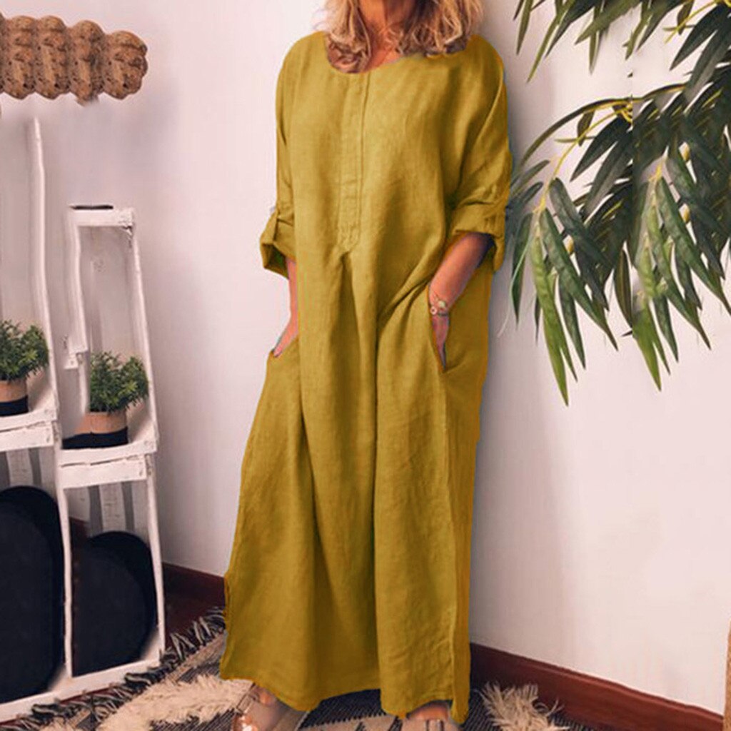 Women's Bohomenian Style Long Sleeve O-Neck Casual Dress Summer Beach Cotton Maxi Dress With Pockets Loose Elegant Ropa Mujer