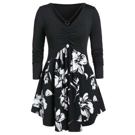 Women's O-Neck Long Sleeve Floral Printed Ruched Tops Dress Elegant Evening Party Blouse Dress #45