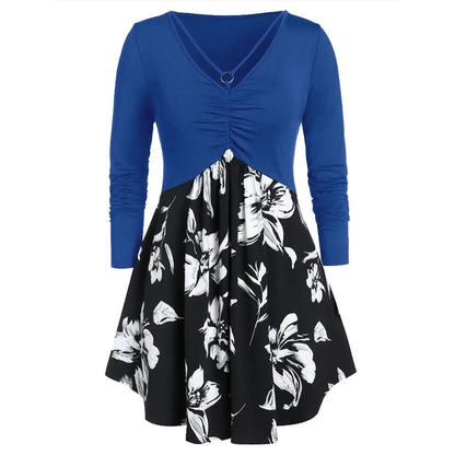 Women's O-Neck Long Sleeve Floral Printed Ruched Tops Dress Elegant Evening Party Blouse Dress #45