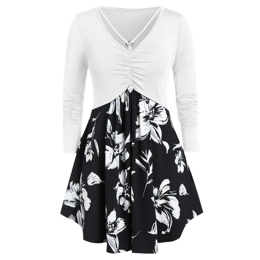 Women's O-Neck Long Sleeve Floral Printed Ruched Tops Dress Elegant Evening Party Blouse Dress #45