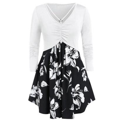 Women's O-Neck Long Sleeve Floral Printed Ruched Tops Dress Elegant Evening Party Blouse Dress #45