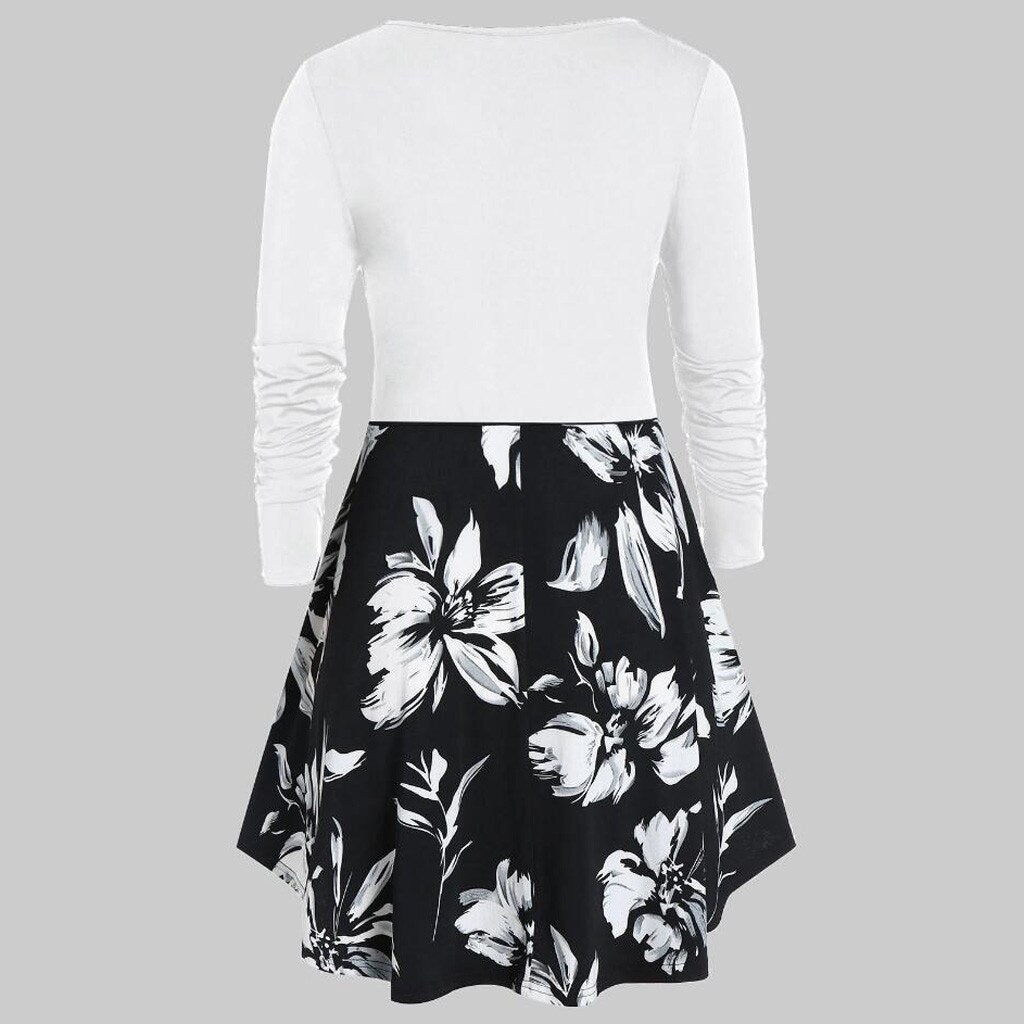 Women's O-Neck Long Sleeve Floral Printed Ruched Tops Dress Elegant Evening Party Blouse Dress #45