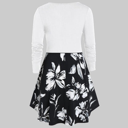 Women's O-Neck Long Sleeve Floral Printed Ruched Tops Dress Elegant Evening Party Blouse Dress #45