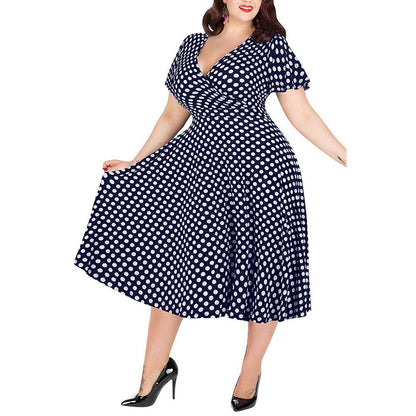 Women's Dress V-neck Short-Sleeve Polka Dot Printed Belt Dress Casual A-line Summer Dress Ladies High Waist Elegant Plus Size BB4